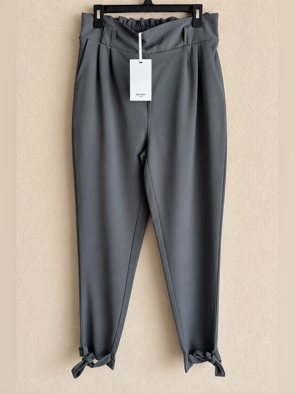 Grace Karin Paperbag Waist Tie Ankle Pants Gray Size L NWT